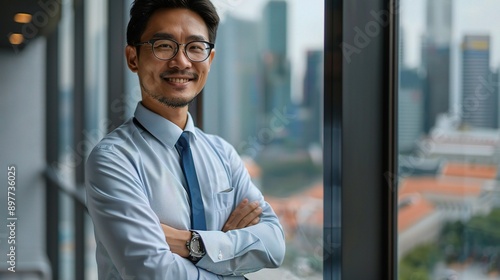 Confident Success: A portrait of a successful Asian businessman with arms crossed, smiling confidently in a modern office setting, 