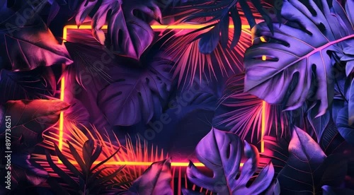 Dynamically drawn neon frame between palm trees.