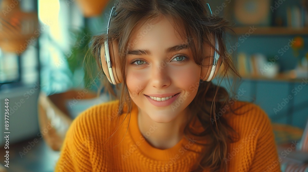 Smiling Woman in Headphones: A young woman with a warm smile beams at the camera while wearing headphones, radiating a sense of happiness and relaxation. Smiling Woman in Headphones: A young woman with a warm smile beams at the camera while wearing headphones, radiating a sense of happiness and relaxation.