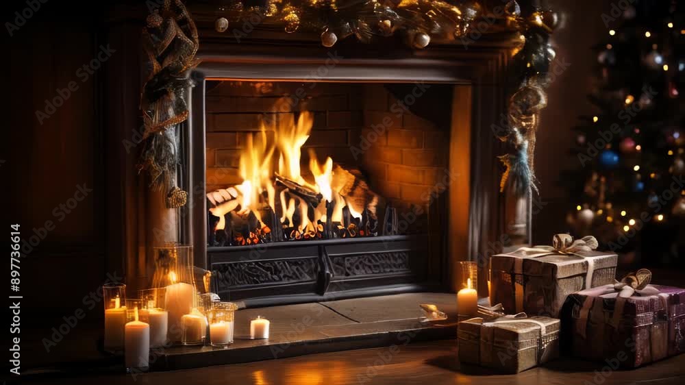 A room with a fireplace decorated with Christmas decorations with a tree and New Year's gifts and toys A room with a fireplace decorated with Christmas decorations with a tree and New Year's gifts and toys