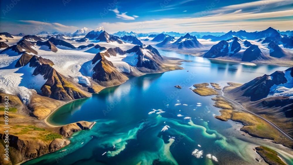 Obraz premium Western coast of Greenland, aerial view of glacier, mountains and ocean