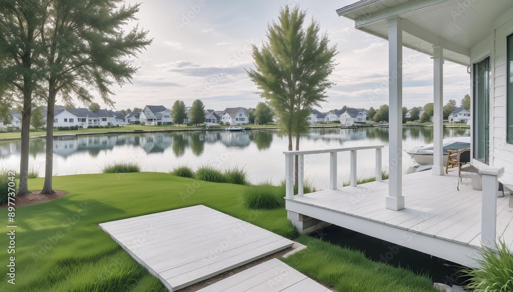 Naklejka premium porch and lake view from behind an all white modern home with green grass, dock and boat in the foreground created with Generative AI