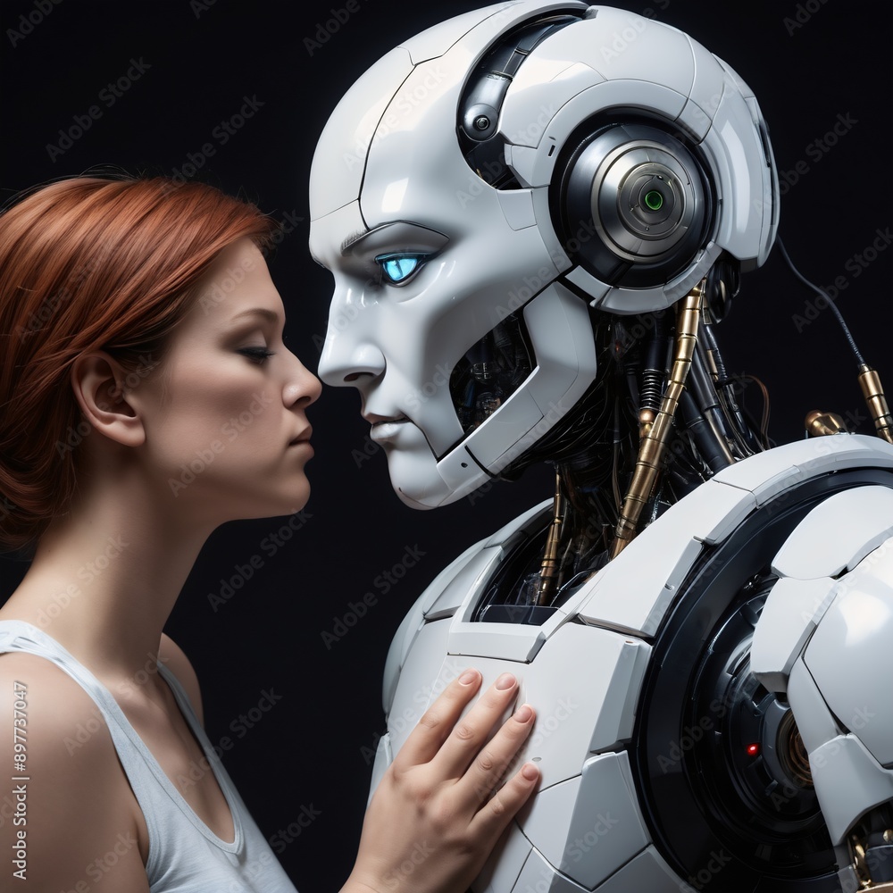 Robot love gamer, robosexual, guy and girl kissing a robot falling love with AI. Online art commentator discovers their first love. Life changing event which changes perspective on human android relat Robot love gamer, robosexual, guy and girl kissing a robot falling love with AI. Online art commentator discovers their first love. Life changing event which changes perspective on human android relat