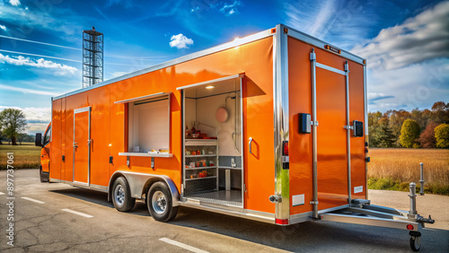 A bright orange emergency response trailer is parked on a sunny day, with its rear doors open, revealing medical supplies and communication equipment inside. photo