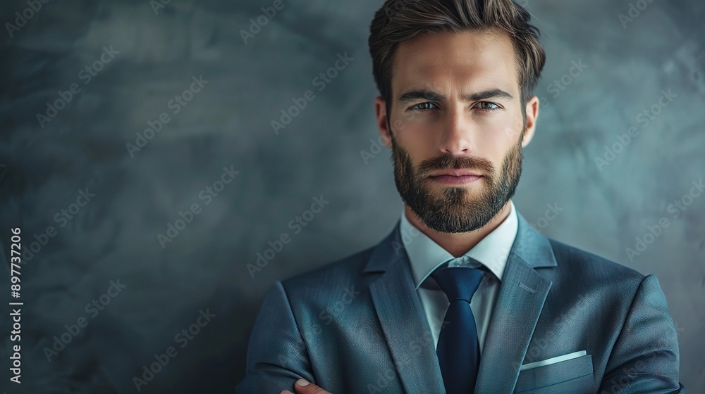 The Confident Executive: A portrait of a young, handsome businessman in a blue suit, exuding confidence and determination against a textured blue backdrop. The Confident Executive: A portrait of a young, handsome businessman in a blue suit, exuding confidence and determination against a textured blue backdrop.