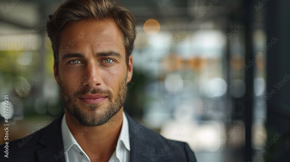 Confident Executive: A portrait of a young businessman with piercing blue eyes and a confident gaze, exuding professionalism and success in a modern office setting. Confident Executive: A portrait of a young businessman with piercing blue eyes and a confident gaze, exuding professionalism and success in a modern office setting.