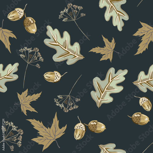 Autumn oak tree leaves, acorns, maple leaves, black background. Vector seamless pattern. Fall season illustration. Forest nature design