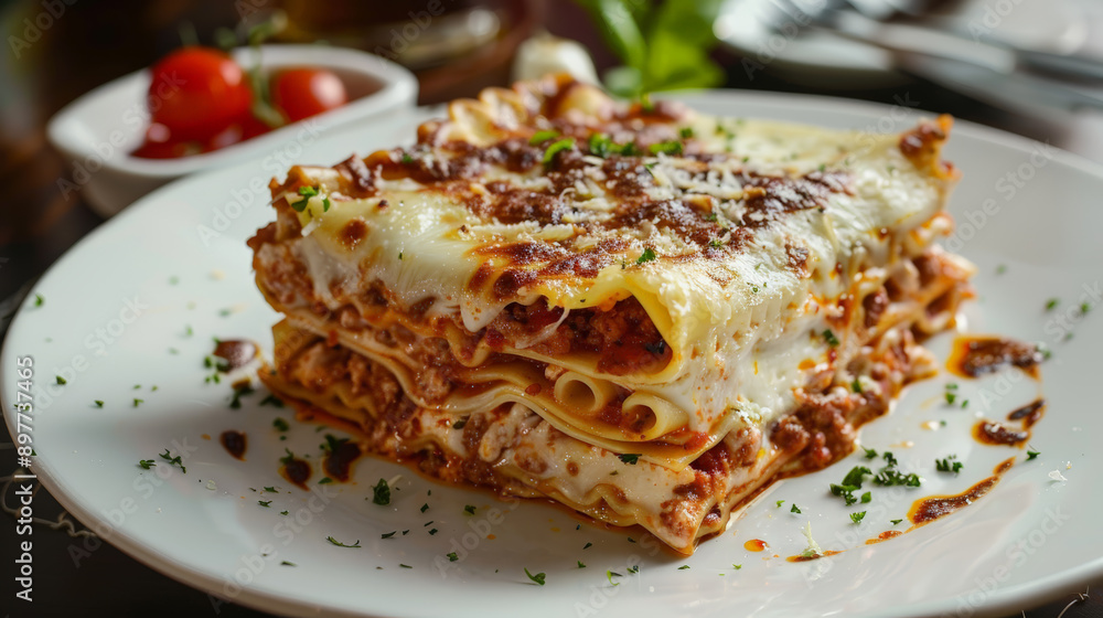 Tasty Bolognese lasagna served with a basil leaf. Italian cuisine, Homemade meat lasagna. Close up Tasty Bolognese lasagna served with a basil leaf. Italian cuisine, Homemade meat lasagna. Close up