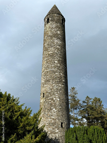 Round tower in Glendalough Wicklow mountains, Ireland
