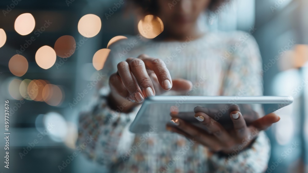 A person interacts with a tablet in a brightly lit, modern environment, depicting a blend of technology and everyday life with a focus on detail and functionality. A person interacts with a tablet in a brightly lit, modern environment, depicting a blend of technology and everyday life with a focus on detail and functionality.