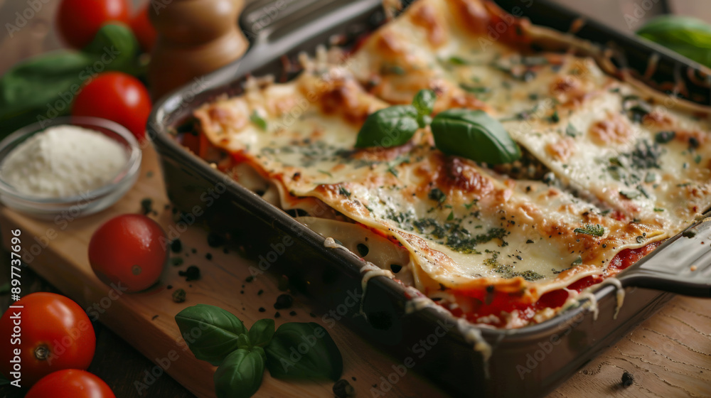 Tasty Bolognese lasagna served with a basil leaf. Italian cuisine, Homemade meat lasagna. Close up Tasty Bolognese lasagna served with a basil leaf. Italian cuisine, Homemade meat lasagna. Close up