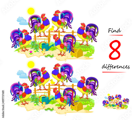 Find 8 differences. Illustration of roosters in a farm yard. Logic puzzle game for children and adults. Educational page for brain teaser book. Vector drawing. Kids activity sheet.