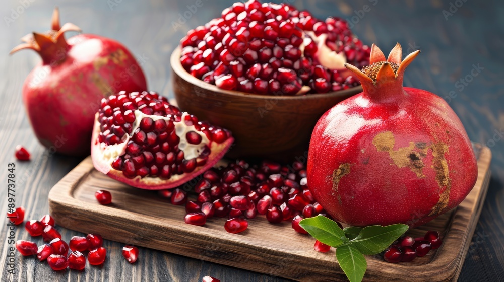 Close-up of fresh pomegranates, seeds, and leaves on a wooden background, showcasing their natural beauty. Close-up of fresh pomegranates, seeds, and leaves on a wooden background, showcasing their natural beauty.