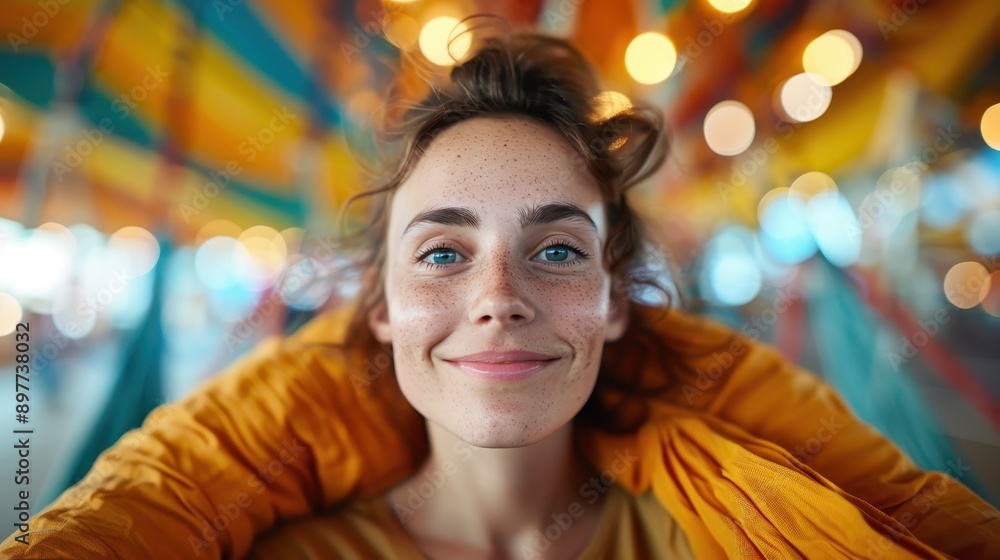 A close-up of a joyful woman with freckles, beaming a bright smile, set against a vibrant background filled with colorful, out-of-focus lights. A close-up of a joyful woman with freckles, beaming a bright smile, set against a vibrant background filled with colorful, out-of-focus lights.