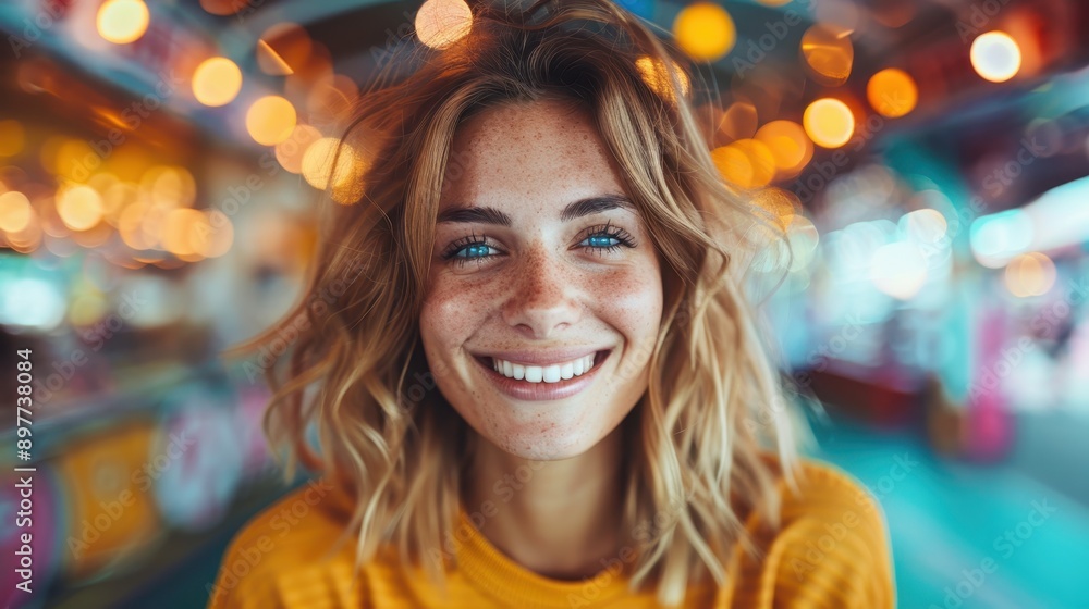 A woman smiles brightly at a colorful fairground, with festive lights and decorations creating a lively and joyful atmosphere in the background. A woman smiles brightly at a colorful fairground, with festive lights and decorations creating a lively and joyful atmosphere in the background.