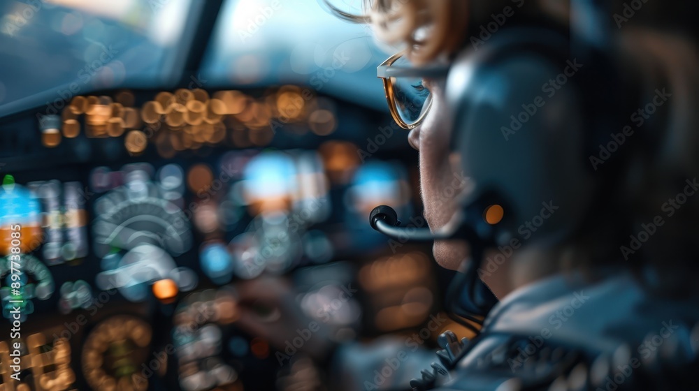 Close-up view of a pilot wearing a headset, actively navigating the airplane's control panel. The cockpit's dials and indicators create an intricate, focused scene. Close-up view of a pilot wearing a headset, actively navigating the airplane's control panel. The cockpit's dials and indicators create an intricate, focused scene.