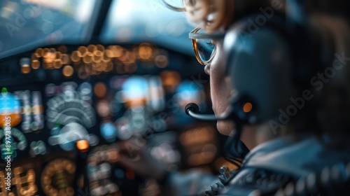 Close-up view of a pilot wearing a headset, actively navigating the airplane's control panel. The cockpit's dials and indicators create an intricate, focused scene.