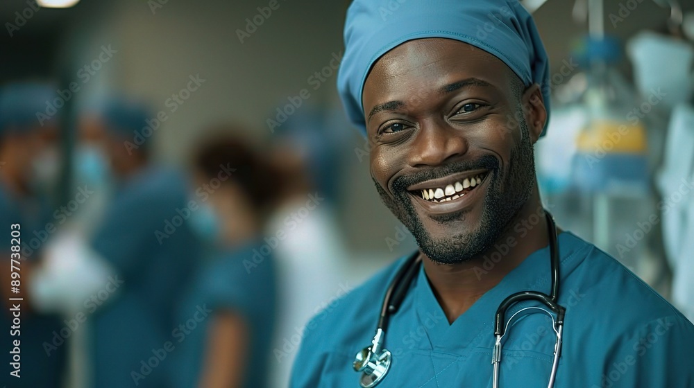 Confident Surgeon's Smile: A heartwarming portrait of a Black male surgeon, radiating confidence and compassion in a bustling hospital setting. Confident Surgeon's Smile: A heartwarming portrait of a Black male surgeon, radiating confidence and compassion in a bustling hospital setting.