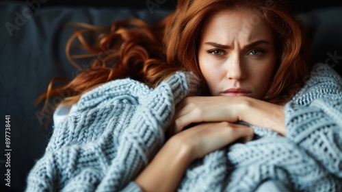 A red-haired woman lies wrapped in a blue knit blanket, looking pensive and thoughtful, seemingly deep in contemplation in a cozy indoor setting. photo