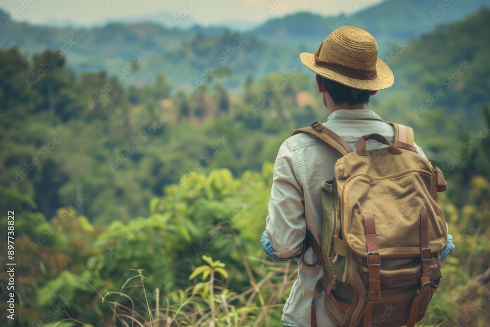 Smiling hipster traveler relaxing in nature with backpack, vintage toned holiday concept photography Smiling hipster traveler relaxing in nature with backpack, vintage toned holiday concept photography