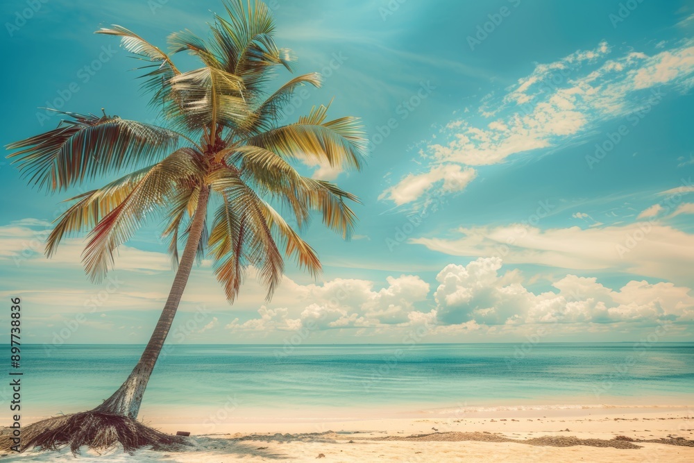 Obraz premium Tropical beach with palm tree, blue sky, white clouds summer vacation and business travel concept