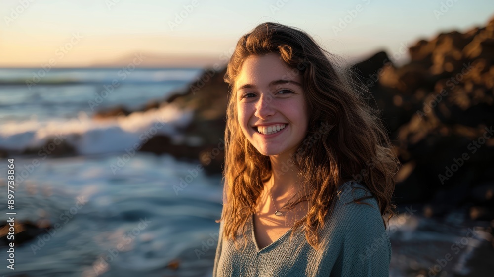Young woman is smiling on the beach with golden light from the setting sun on her face and ocean waves crashing behind her Young woman is smiling on the beach with golden light from the setting sun on her face and ocean waves crashing behind her