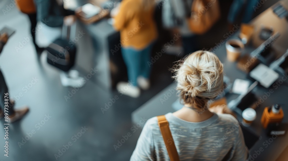 A person stands in line at a busy modern cafe environment, capturing the busyness and lively movement of the bustling cafe, with numerous patrons in the background. A person stands in line at a busy modern cafe environment, capturing the busyness and lively movement of the bustling cafe, with numerous patrons in the background.