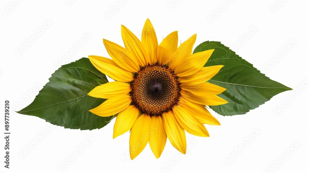 A bright yellow sunflower with vibrant green leaves, isolated against a crisp white background. High detail on petals and leaves, perfect for commercial use A bright yellow sunflower with vibrant green leaves, isolated against a crisp white background. High detail on petals and leaves, perfect for commercial use