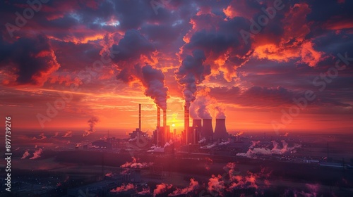 Industrial Sunset with Smoke Plumes