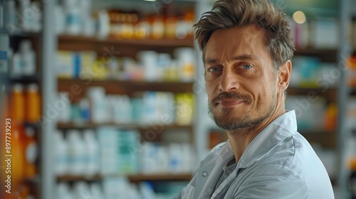 The Reassuring Face of Healthcare: Portrait of a confident pharmacist in a modern drugstore, radiating trust and expertise.