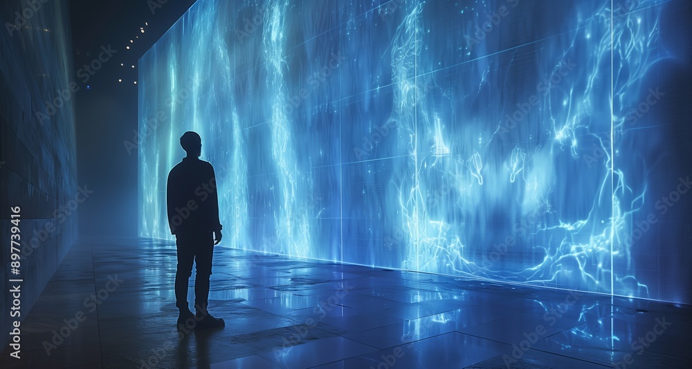 A Single Figure Stands Before a Wall of Ethereal Blue Light in a Modern Art Gallery A Single Figure Stands Before a Wall of Ethereal Blue Light in a Modern Art Gallery