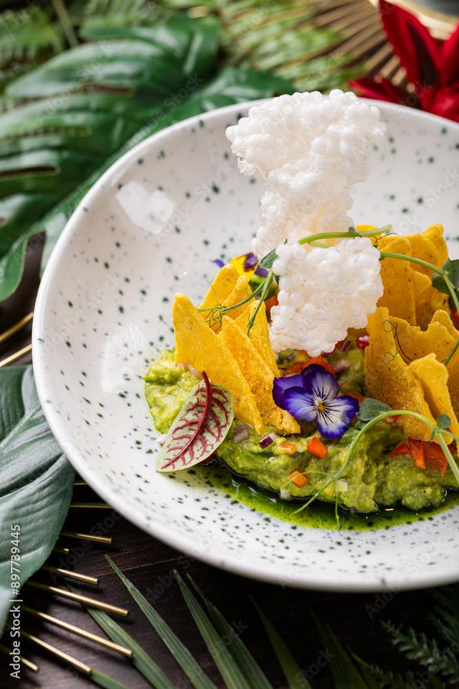 Avocado Mousse with Edible Flowers, Microgreens and Corn Chips Avocado Mousse with Edible Flowers, Microgreens and Corn Chips