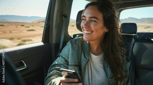 Female road tripper with phone, GPS, and summer vacation map. Portrait, smile, or joyful tourist in automobile for 5g mobile adventure travel internet game.