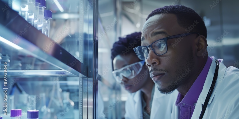 African American scientist checks sample container with female coworker.Two doctors doing lab experiments. Different coworkers examined lab products African American scientist checks sample container with female coworker.Two doctors doing lab experiments. Different coworkers examined lab products