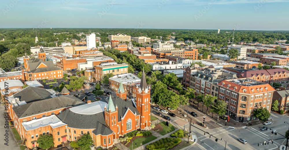 Aerial view of Fayetteville North Carolina downtown business district, main street in Cumberland county First Baptist Church. government buildings
