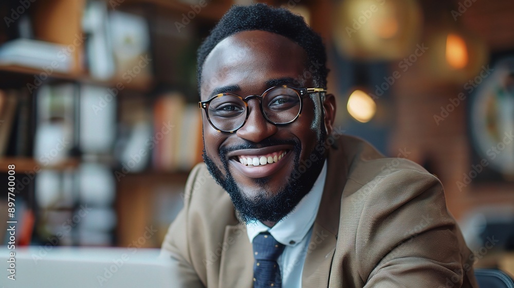 Portrait of happy black man in office, laptop and planning online research for creative project at digital agency. Internet, website and networking Portrait of happy black man in office, laptop and planning online research for creative project at digital agency. Internet, website and networking