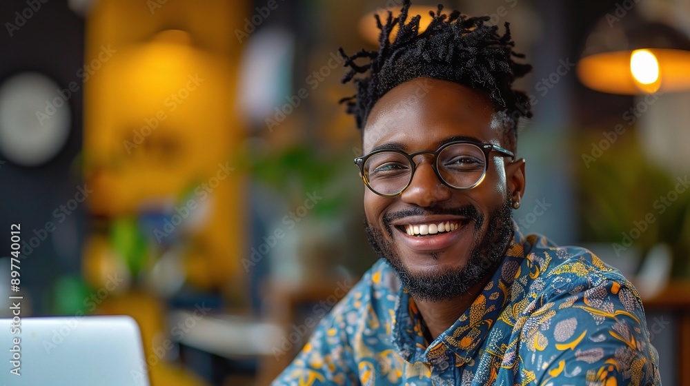 Portrait of happy black man in office, laptop and planning online research for creative project at digital agency. Internet, website and networking Portrait of happy black man in office, laptop and planning online research for creative project at digital agency. Internet, website and networking