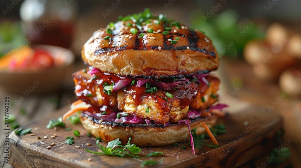 Barbecue chicken burger with coleslaw on a wooden board. Close-up food photography of a hearty sandwich.