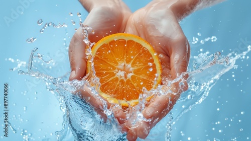 Blue studio background with orange, lady hands, and water splash for beauty, vitamin C detox, natural skincare, healthy cosmetics, and bodily wellness. Cleaning, wetting, and showering citrus oranges. photo