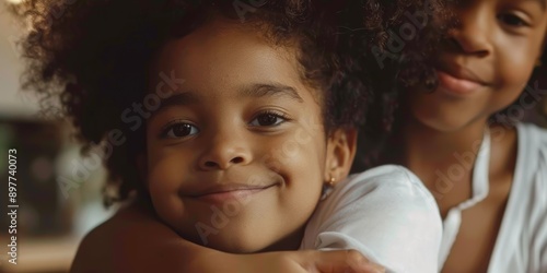 Mixed-race girl cuddling her mother. Child loving her mother while feeling safe and cozy. Girl and lady close.