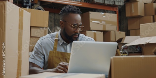 Serious businessman emailing. Laptop-using young fashion designer. Businessman in his design studio. A black tailor orders stock online.