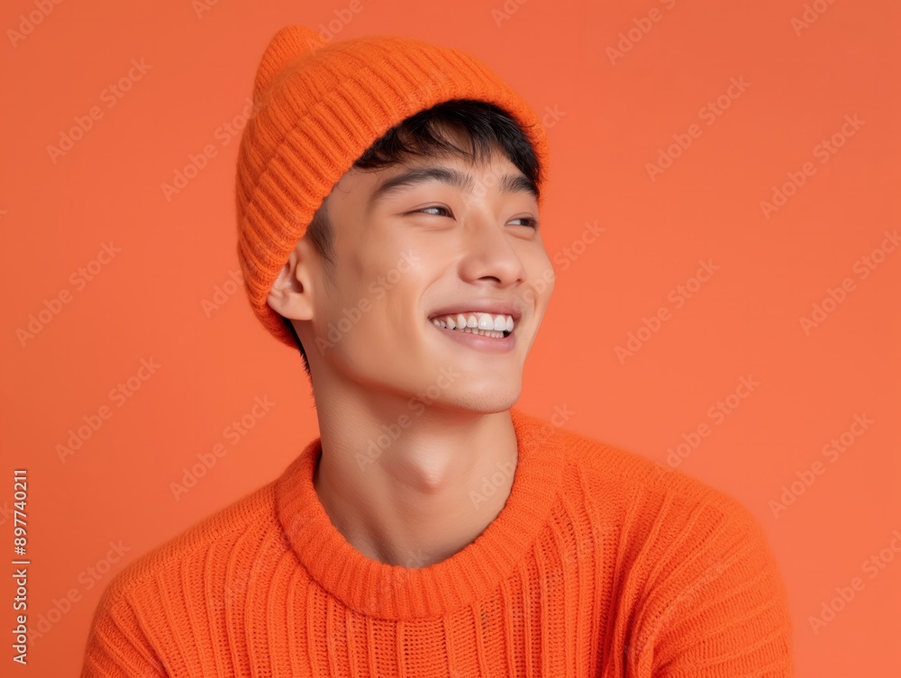 A cheerful Asian man smiling while wearing an orange beanie, radiating happiness and warmth against an orange background. A cheerful Asian man smiling while wearing an orange beanie, radiating happiness and warmth against an orange background.