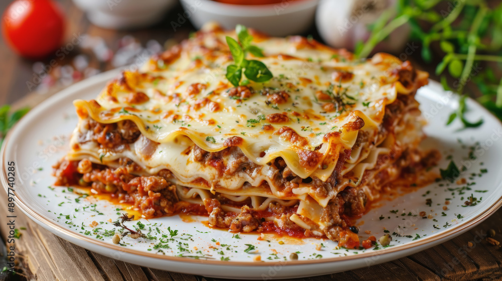 Tasty Bolognese lasagna served with a basil leaf. Italian cuisine, Homemade meat lasagna. Close up Tasty Bolognese lasagna served with a basil leaf. Italian cuisine, Homemade meat lasagna. Close up