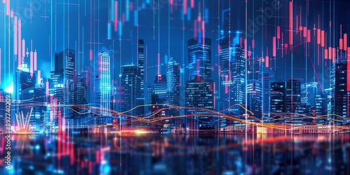 Wallpaper Mural A dynamic cityscape blending with stock market data visuals, showcasing financial trends and vibrant graphics Torontodigital.ca