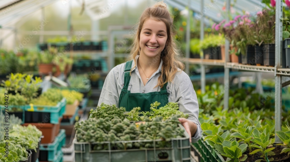 Beautiful young farmer girl smiling at the camera while holding a basket with plants and vegetables Beautiful young farmer girl smiling at the camera while holding a basket with plants and vegetables