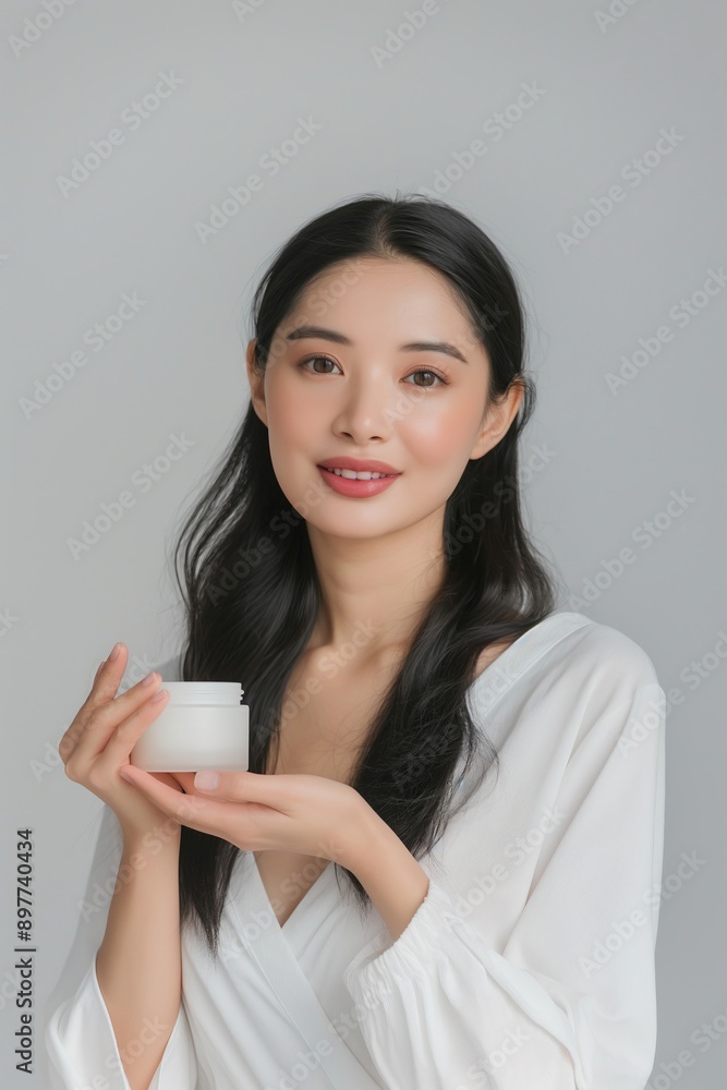 An Asian woman smiling while holding a jar of skincare cream, emphasizing beauty and self-care. An Asian woman smiling while holding a jar of skincare cream, emphasizing beauty and self-care.