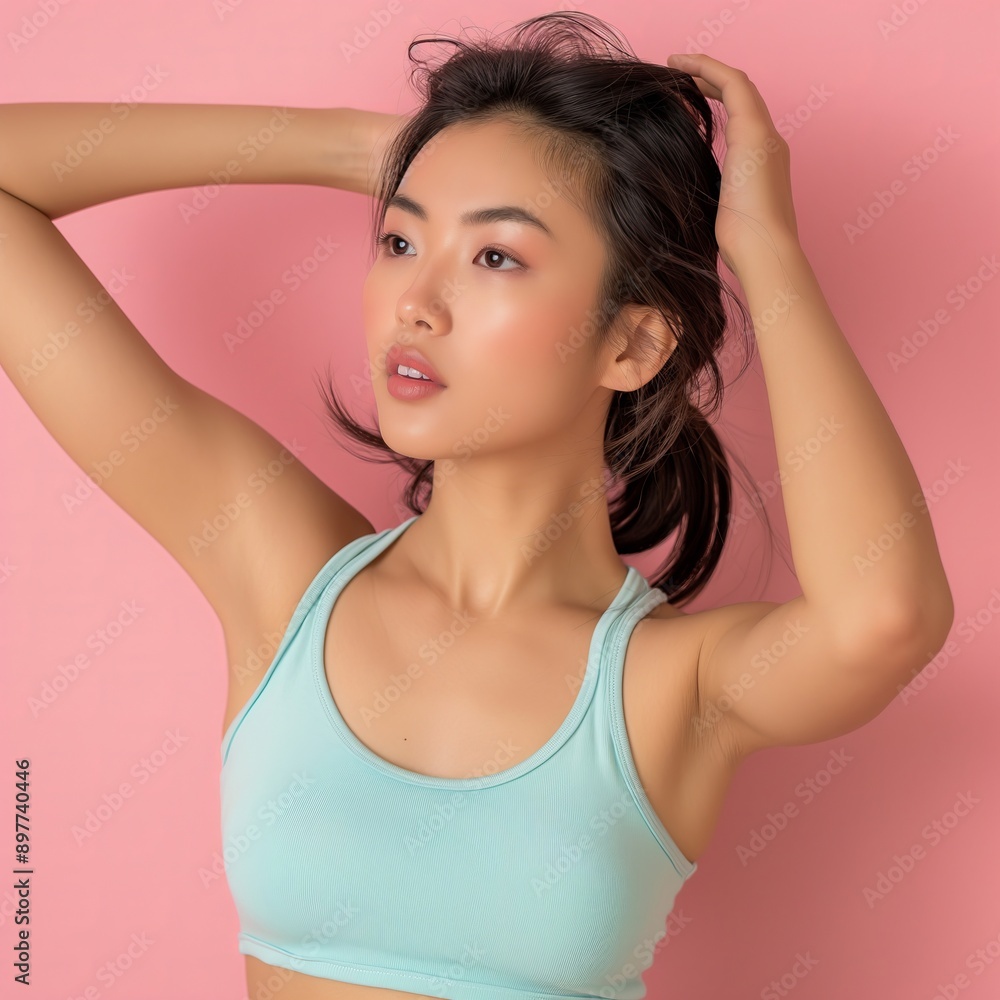 A young Asian woman poses confidently with her hands behind her head against a pink background, highlighting beauty and poise. A young Asian woman poses confidently with her hands behind her head against a pink background, highlighting beauty and poise.