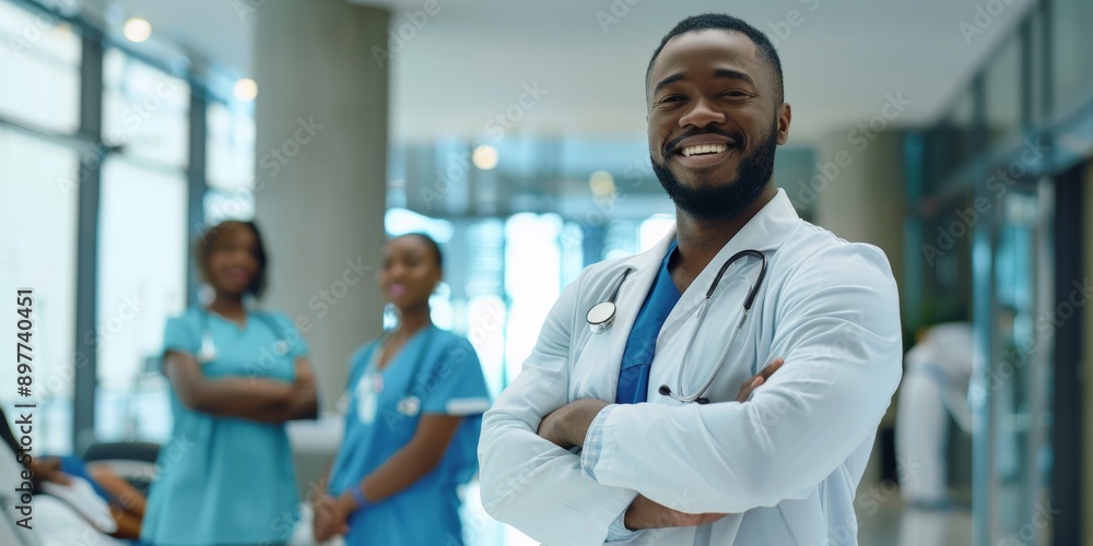 Black man with motivation, trust, and clinic guidance smiles. Physician, surgeon, and medical therapist with wellness vision from Africa Black man with motivation, trust, and clinic guidance smiles. Physician, surgeon, and medical therapist with wellness vision from Africa
