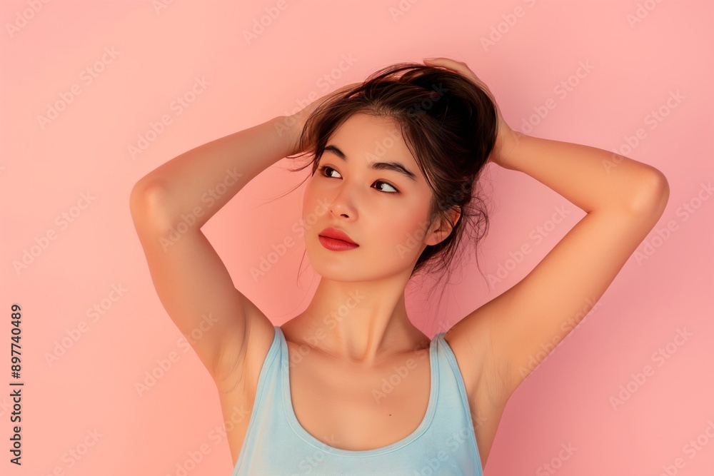 A young Asian woman poses confidently with her hands behind her head against a pink background, highlighting beauty and poise. A young Asian woman poses confidently with her hands behind her head against a pink background, highlighting beauty and poise.