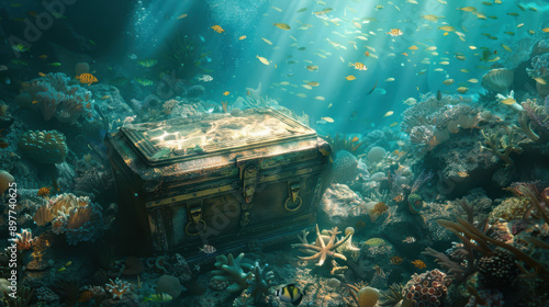 An ancient treasure chest sunk a long time ago at the bottom of the ocean. photo